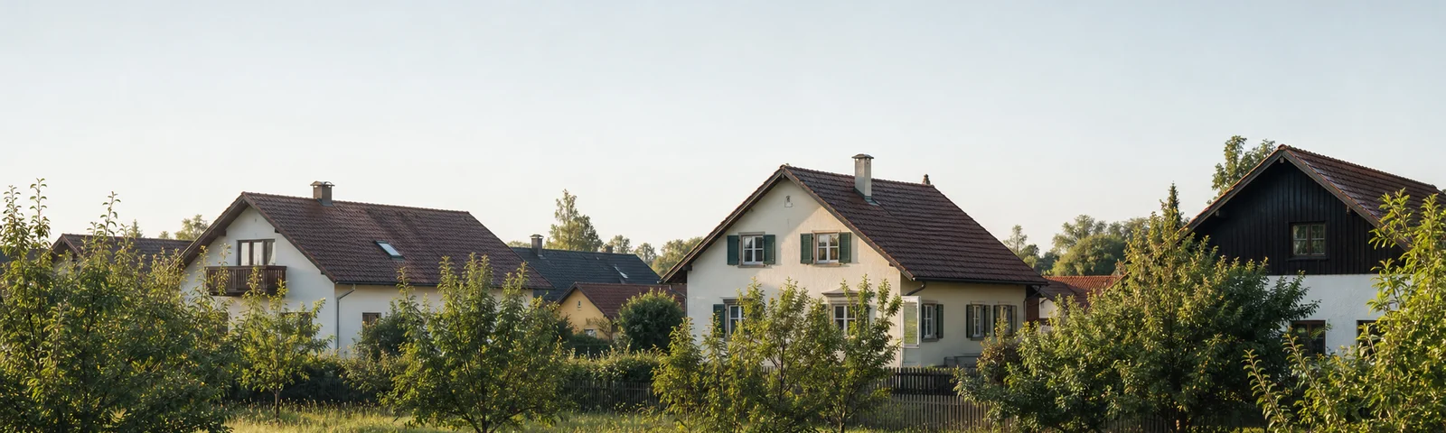 Ruhiger österreichischer Siedlungsrand mit Wiese und mehreren Wohnhäusern im Morgenlicht