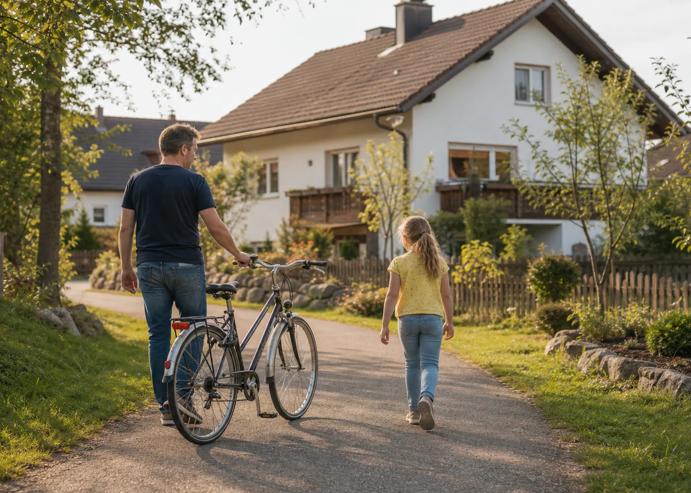 Erwachsene Person und Kind mit Fahrrad auf einem Weg zu mehreren Wohnhäusern